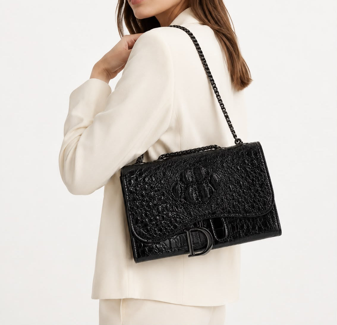 Sac Bandoulière Femme Effet Croco Noir avec Chaîne
