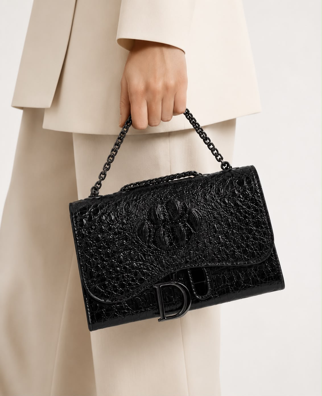 Sac Bandoulière Femme Effet Croco Noir avec Chaîne