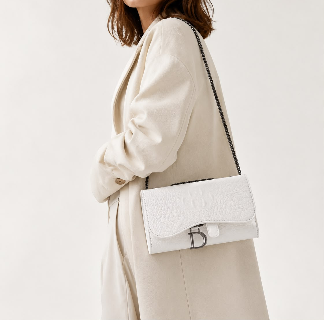 Sac Bandoulière Femme Effet Croco Blanc