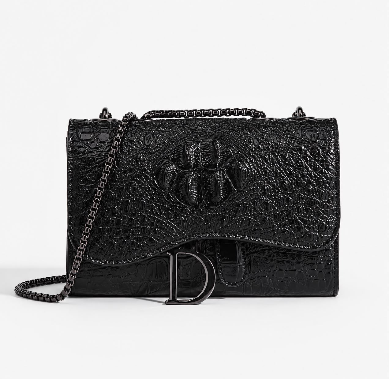 Sac Bandoulière Femme Effet Croco Noir avec Chaîne
