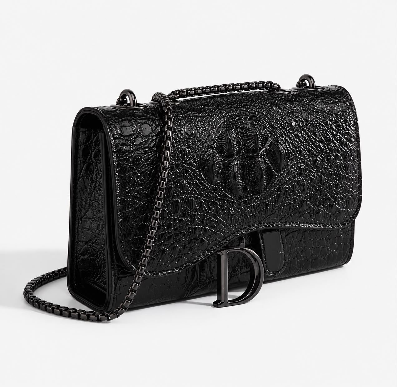Sac Bandoulière Femme Effet Croco Noir avec Chaîne