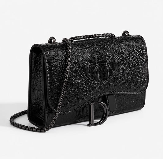 Sac Bandoulière Femme Effet Croco Noir avec Chaîne