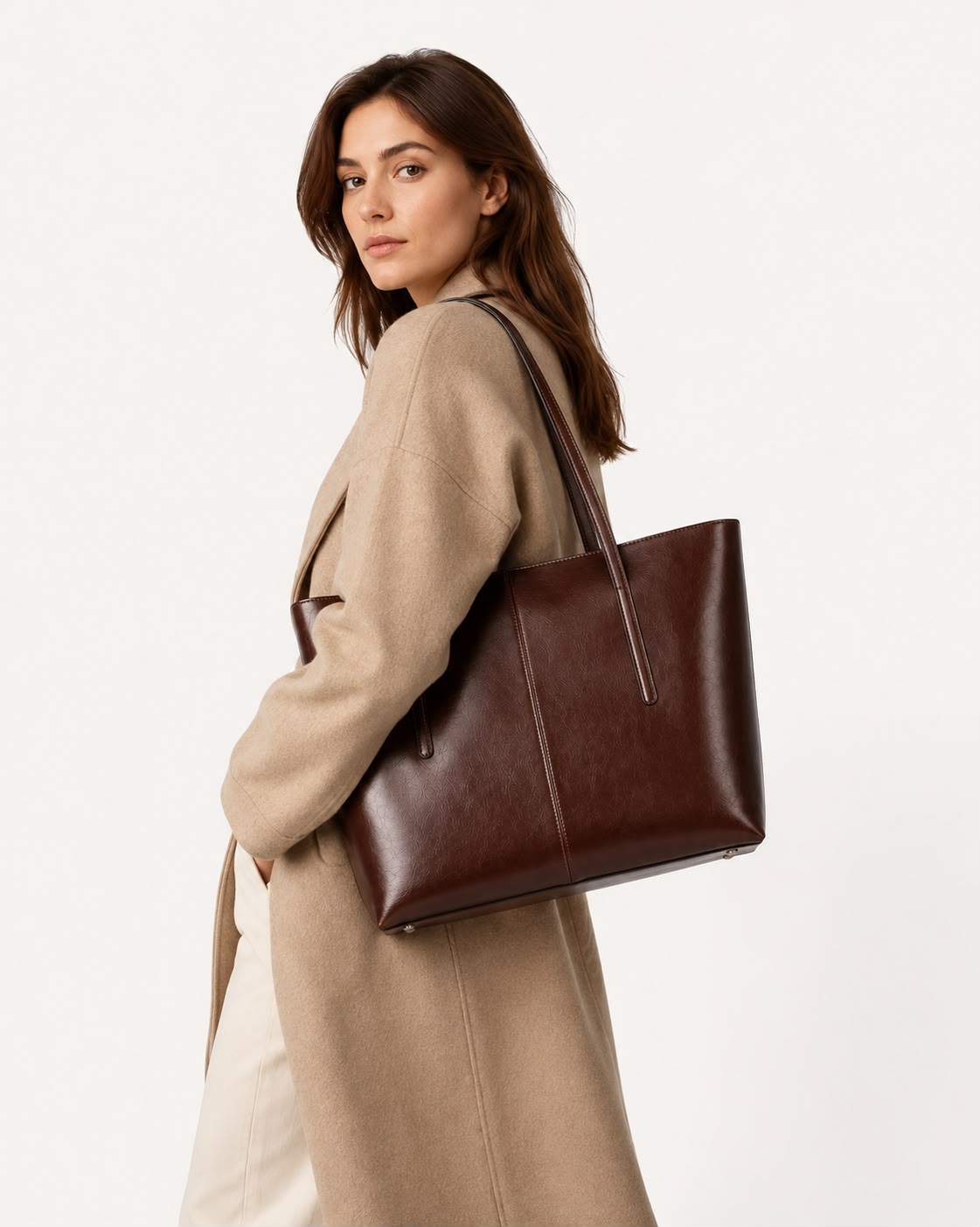 Sac Cabas Femme en Cuir Véritable Marron Café – Élise