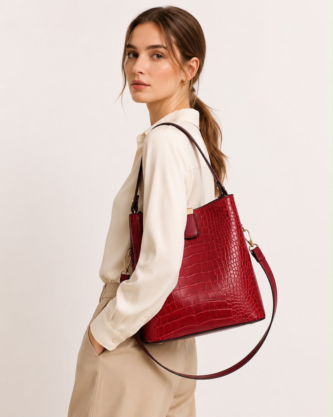 Sac Seau Femme Effet Crocodile Rouge – Élise