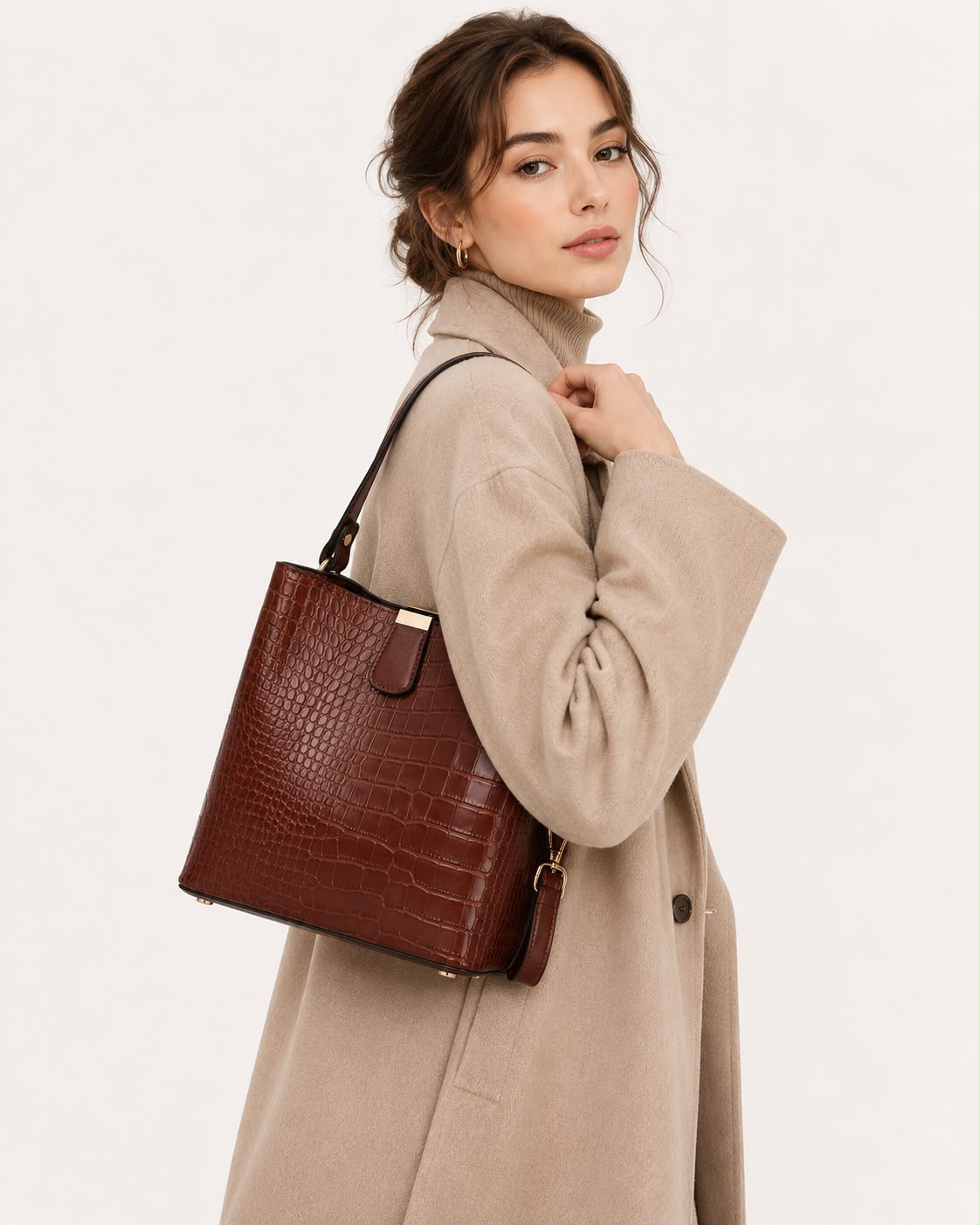 Sac Seau Femme Effet Crocodile Marron Foncé – Élise