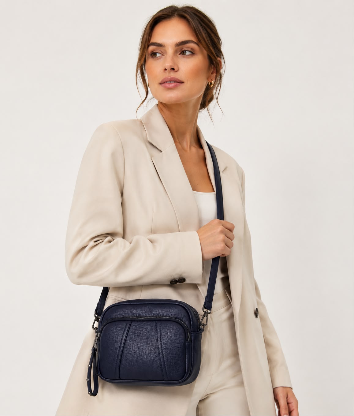 Sac bandoulière femme Mila en PU grainé – Bleu marine