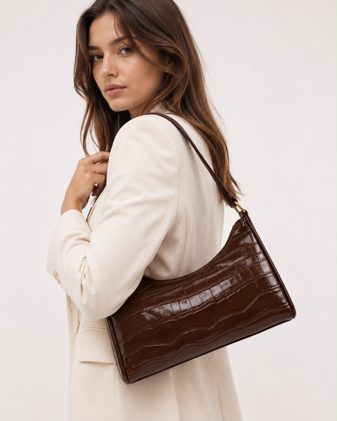 Sac Bandoulière Alligator Alma – Brun Foncé