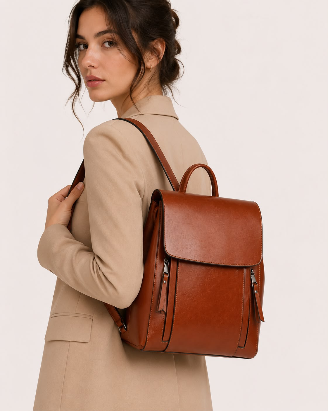 Sac à Dos Femme en Cuir Véritable Cognac – Grande Capacité
